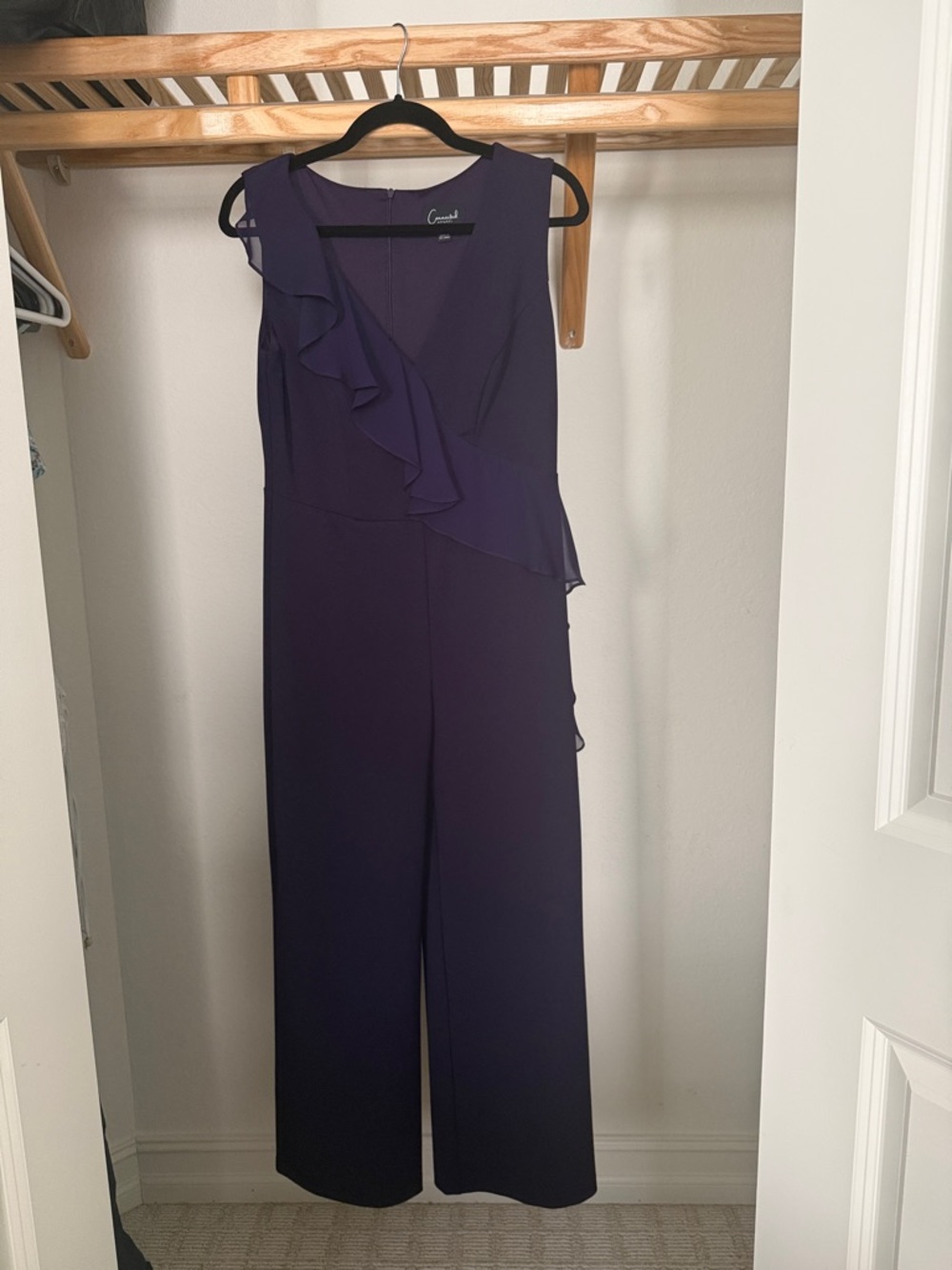 Calvin Klein Deep Purple Ruffle-Front Sleeveless Jumpsuit